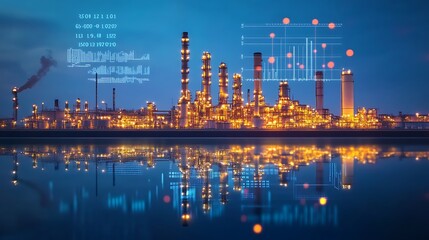 Fototapeta premium Night View of Illuminated Oil Refinery with Data Overlay