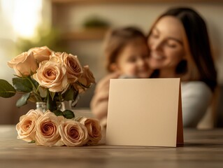 A touching scene of a mother and child embracing among pale roses, capturing the essence of love and emotional warmth shared within families in a nurturing environment.