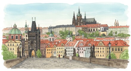 Obraz premium Charming prague: hand-painted watercolor of historic charles bridge and castle