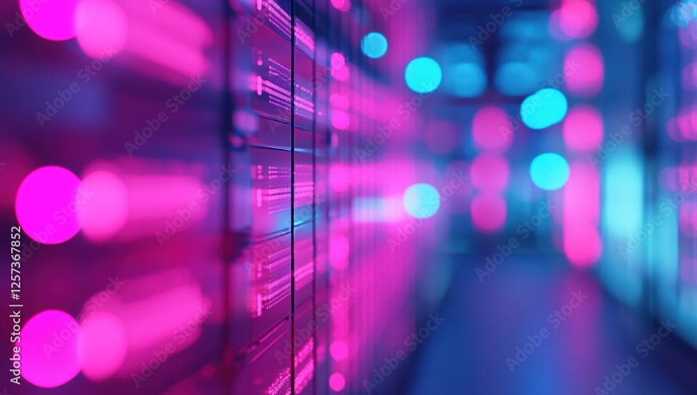 Poster exploring neon-lit server racks: a journey into the digital core with vibrant hues and data streams