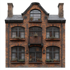 Naklejka premium Historic Two-Story Brick Building with Ivy-Covered Metal Balconies and Wooden Windows – Rustic Architectural Charm and Vintage Appeal