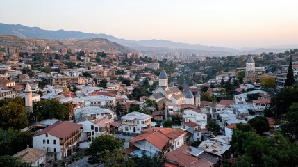 Fototapeta premium Panoramic cityscape of old Tbilisi, Georgia at dawn. Possible use Travel brochure, tourism magazine