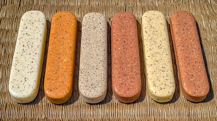 Six Colorful Handmade Soap Bars Arranged on a Woven Mat