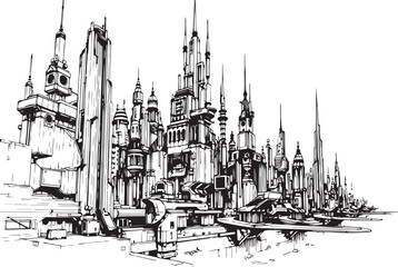 Fototapeta premium Gothic City landscape. Line urban backdrop. Different buildings on street, outline cityscape hand sketch, flat houses. Hand drawn vector illustration