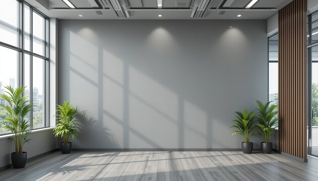 Modern empty grey wall in a spacious office interior with plants and large windows. 3D Rendering, for mockup design, 8k Resolution
