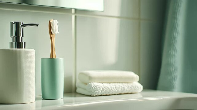 Close Up of Toothbrush and Toothpaste on Bathroom Sink