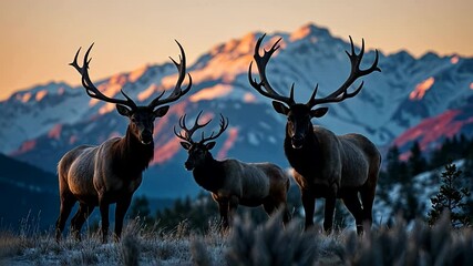 Majestic elk stand against a snow-capped mountain backdrop at sunrise, symbolizing tranquility and wilderness