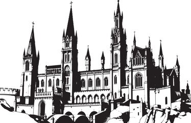 Fototapeta premium Gothic City landscape. Line urban backdrop. Different buildings on street, outline cityscape hand sketch, flat houses. Hand drawn vector illustration