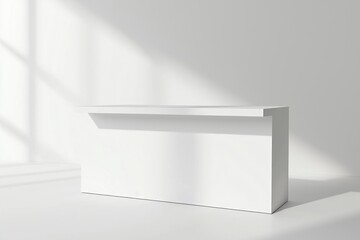 Fototapeta premium Blank white promo counter mockup stand, front and side view, clipping path, 3d rendering. Empty promotional pop up exhibition mock up. Clear store portable desk template. Trade kiosk presentation.