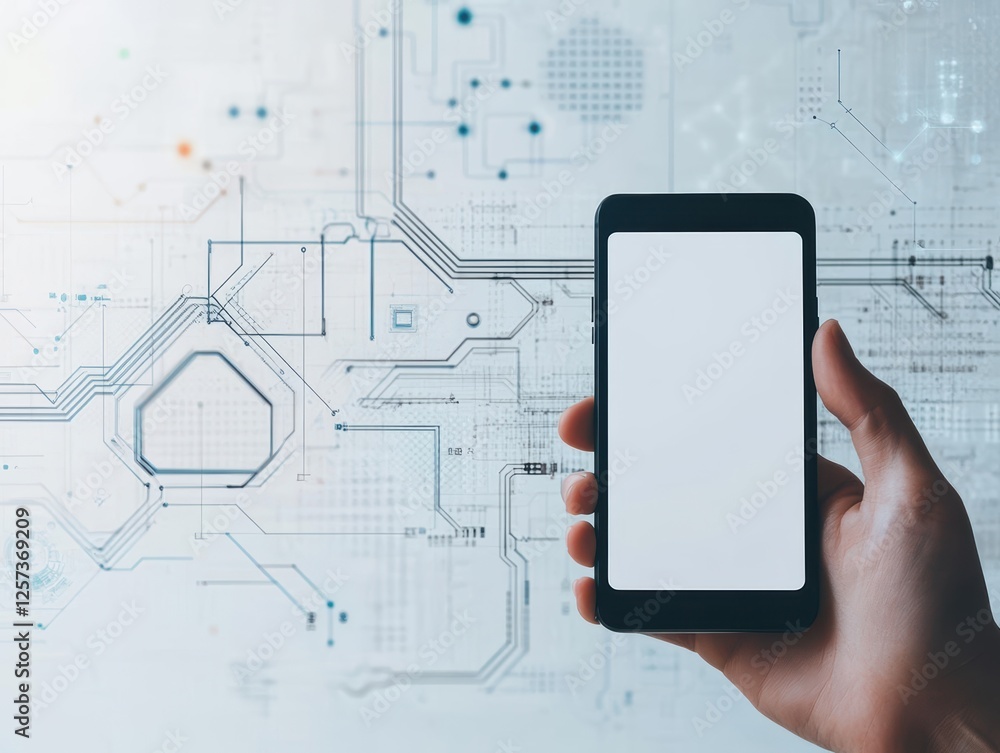 Poster Hand holding smartphone with blank white screen displayed for user interaction and app demonstration