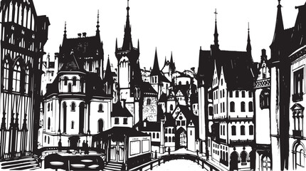 Obraz premium Gothic City landscape. Line urban backdrop. Different buildings on street, outline cityscape hand sketch, flat houses. Hand drawn vector illustration