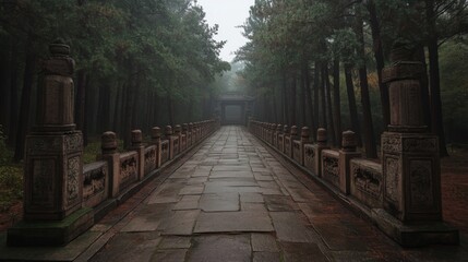 Misty path leading to ancient gate in forest, serene autumn landscape, travel photography