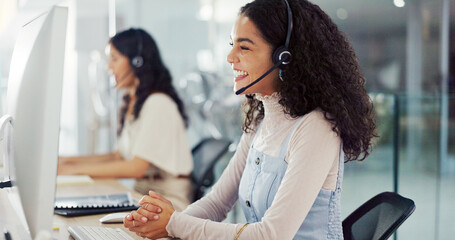 Call center, computer and advisor with woman in office for flight booking, customer support and...