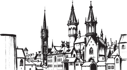Gothic City landscape. Line urban backdrop. Different buildings on street, outline cityscape hand sketch, flat houses. Hand drawn vector illustration