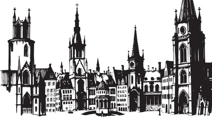 Fototapeta premium Gothic City landscape. Line urban backdrop. Different buildings on street, outline cityscape hand sketch, flat houses. Hand drawn vector illustration
