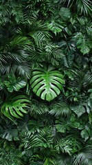 Fototapeta premium Lush green tropical leaf wall, indoor setting, background texture, nature backdrop for design