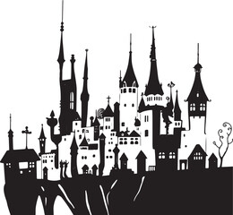 Fototapeta premium Gothic City landscape. Line urban backdrop. Different buildings on street, outline cityscape hand sketch, flat houses. Hand drawn vector illustration