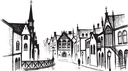 Gothic City landscape. Line urban backdrop. Different buildings on street, outline cityscape hand sketch, flat houses. Hand drawn vector illustration