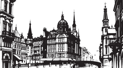 Fototapeta premium Gothic City landscape. Line urban backdrop. Different buildings on street, outline cityscape hand sketch, flat houses. Hand drawn vector illustration