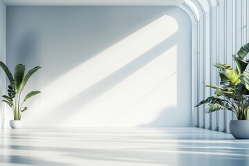 Blank white wall mockup in sunny modern empty gallery, 3d rendering. Clear big stand mock up in museum with contemporary art exhibitions. Large hall interior with wide banner exposition template.