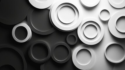 Abstract arrangement of white and gray concentric circles is displayed