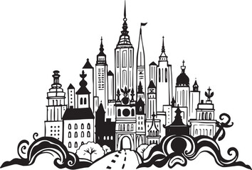 Obraz premium City landscape. Line urban backdrop. Different buildings on street, outline cityscape hand sketch, flat houses. Hand drawn vector illustration