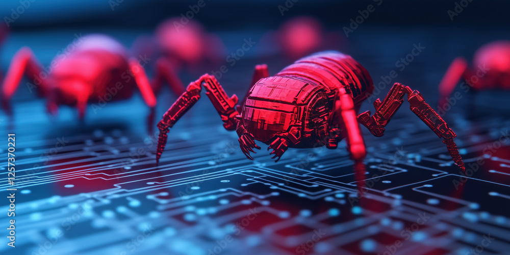 Poster microscopic robots assembling circuits in futuristic digital environment
