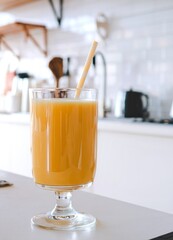 A glass of orange juice with a straw in it sits on a counter