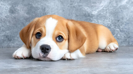 Adorable puppy resting on grey background