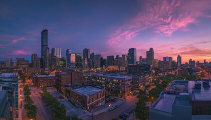 Naklejka premium Cityscape at Dusk: Urban Skyline with Vibrant Sunset Colors Illuminating Modern Buildings and Streets