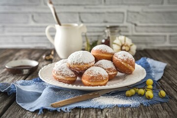 A plate of powdered doughnuts sits on a table next to a pitcher of syrup