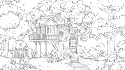 Obraz premium Treehouse in Woods, Path, Coloring Page