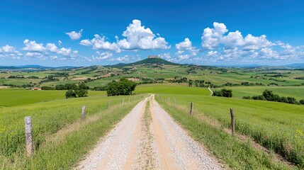 Fototapeta premium Country road leading to hilltop under sunny sky