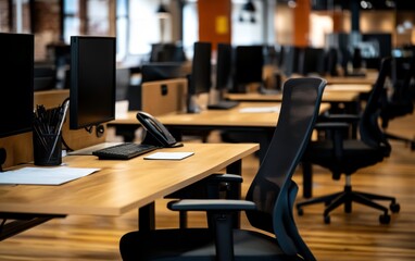 Modern office interior showcasing empty desks with computers, phones, and organized workspace