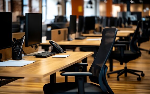 Modern office interior showcasing empty desks with computers, phones, and organized workspace