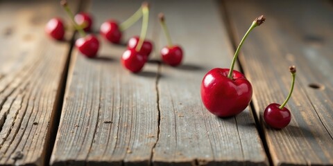 Rustic wooden surface showcasing a delightful arrangement of ripe, vibrant red cherries, scattered naturally across weathered planks.
