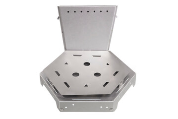Top view of a hexagonal stainless steel fire pit base or cover, featuring slotted cutouts and a...