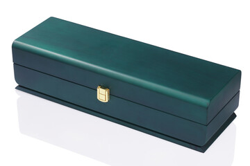 Elegant, long dark green polished wooden box with a shiny golden clasp, isolated on a white reflective surface. Ideal for luxury gifts or storage.