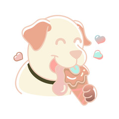 Obraz premium This adorable illustration showcases a cheerful black dog with a golden collar, happily licking a delicious ice cream cone. The dog has a joyful expression with its tongue out, savoring the sweet trea