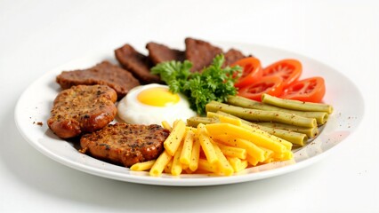 Delicious and Healthy Breakfast Plate with Fried Egg, Meat Patties, Pasta, Green Beans, and Tomatoes