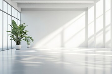 Fototapeta premium Blank white wall mockup in sunny modern empty gallery, 3d rendering. Clear big stand mock up in museum with contemporary art exhibitions. Large hall interior with wide banner exposition template.