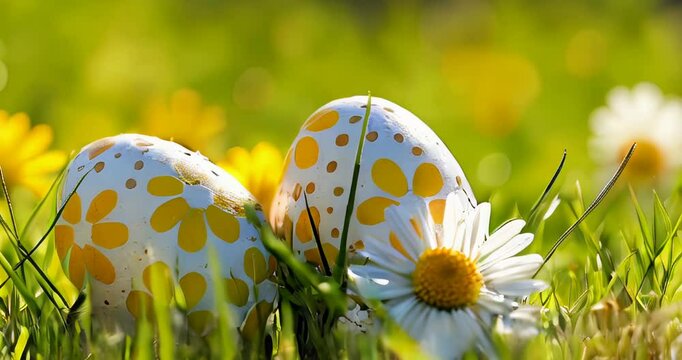 Close up of painted colorful easter eggs on green grass at sunny day outdoors. Greeting card, holiday celebration and happy Easter concept. Festive background