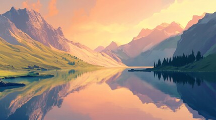 Fototapeta premium Serene sunset lake reflecting mountains
