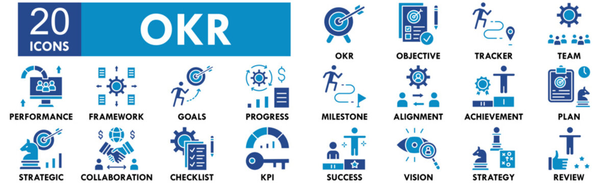 Objectives and Key Results icon collection set. Containing design objective, business, key, evaluation, plan, strategy