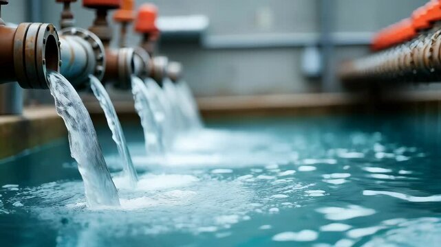 Clean clear water flowing through valves mounted on cylindrical metal pipes aligned horizontally in an industrial water treatment facility.