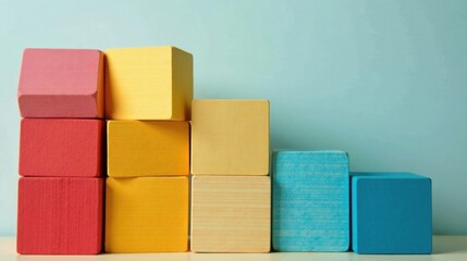 Obraz premium Colorful Wooden Blocks Arranged in Ascending Order Against a Light Blue Background