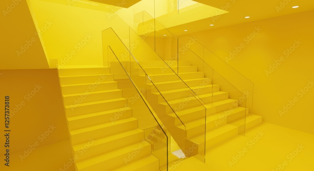 Poster modern yellow staircase with glass rails in minimalist architecture design