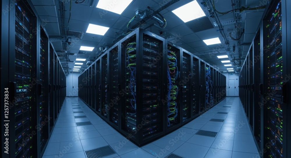 Poster modern data center infrastructure with rows of servers in a high-tech facility