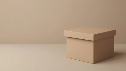 Minimalist cardboard box on beige background