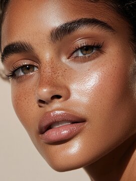 Glistening Freckles On A Natural Beauty'S Face